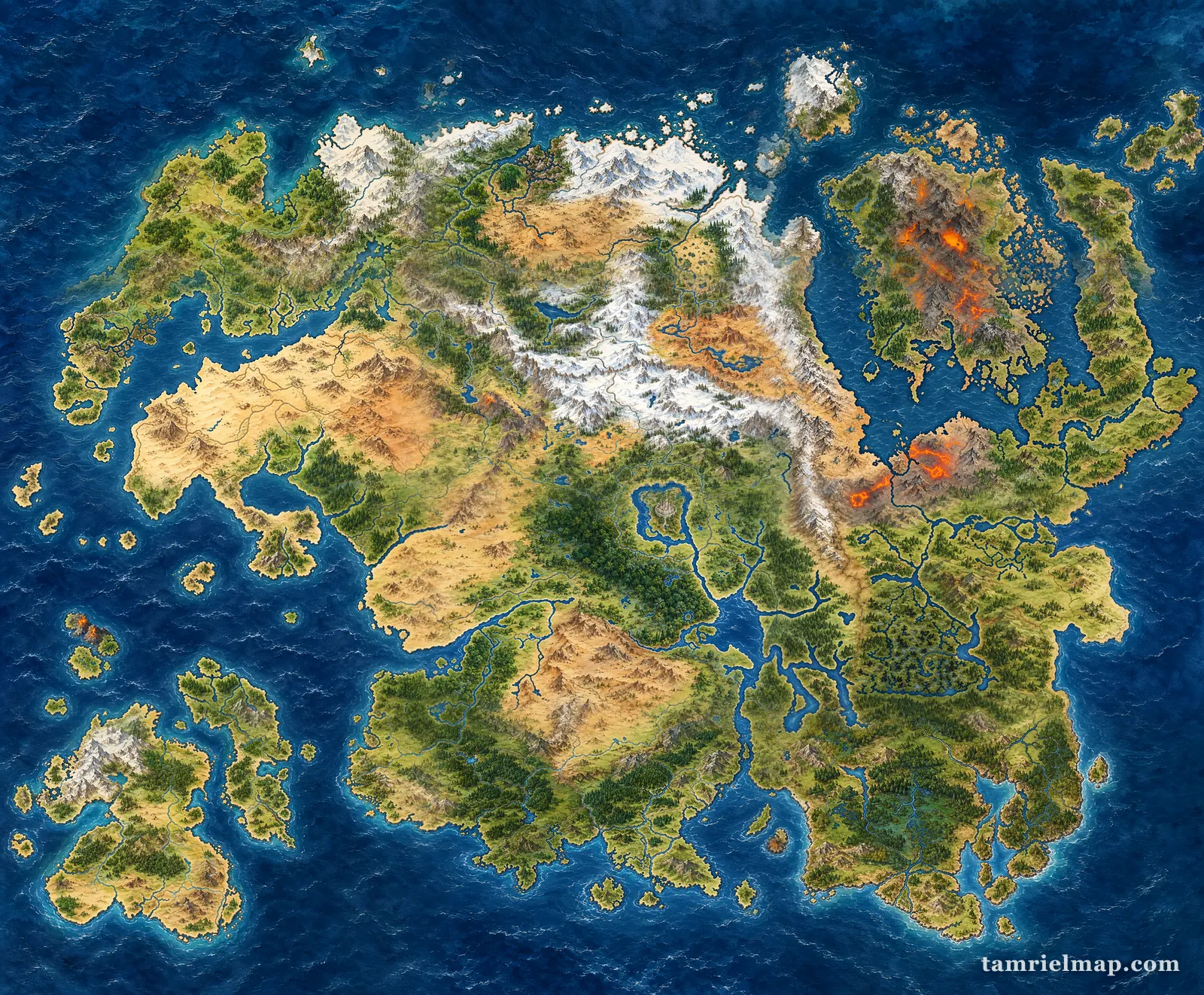 Poster della mappa di Tamriel dipinta e dettagliata, con il territorio delle nove province di Elder Scrolls senza testi