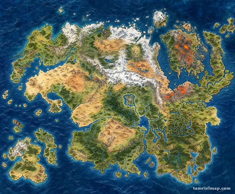 Poster della mappa di Tamriel dipinta e dettagliata, con il territorio delle nove province di Elder Scrolls senza testi